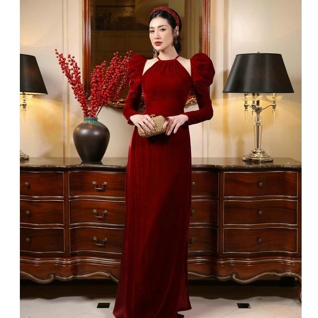 Áo Dài cách tân vải Nhung Tay Bồng Cổ Yếm Cho Các Nàng