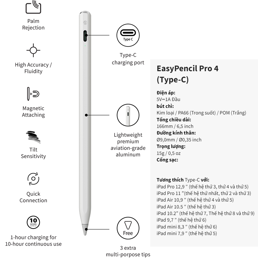 Bút cảm ứng easy pencil pro 4 cho ipad - Hàng chính hãng