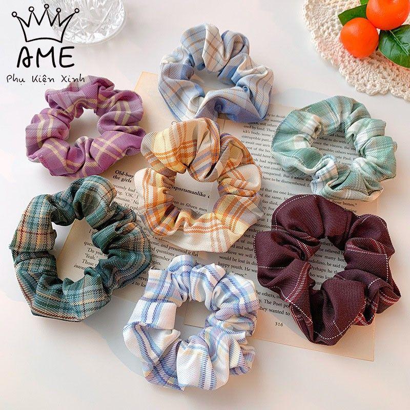 Dây buộc tóc vintage hàn quốc vải crunchies hoạ tiết caro