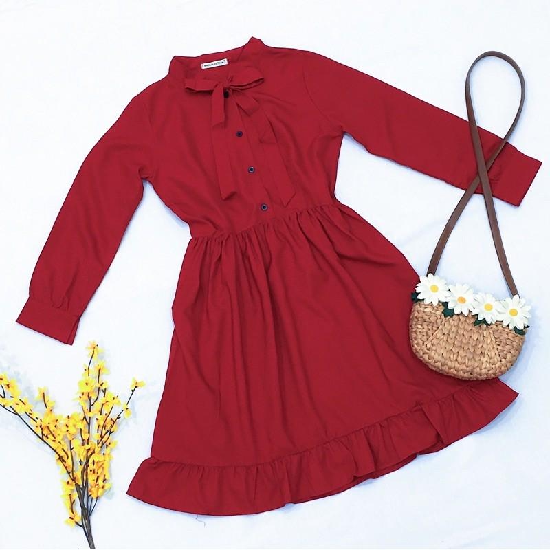 Đầm váy babydoll ĐỎ NƠ CỔ