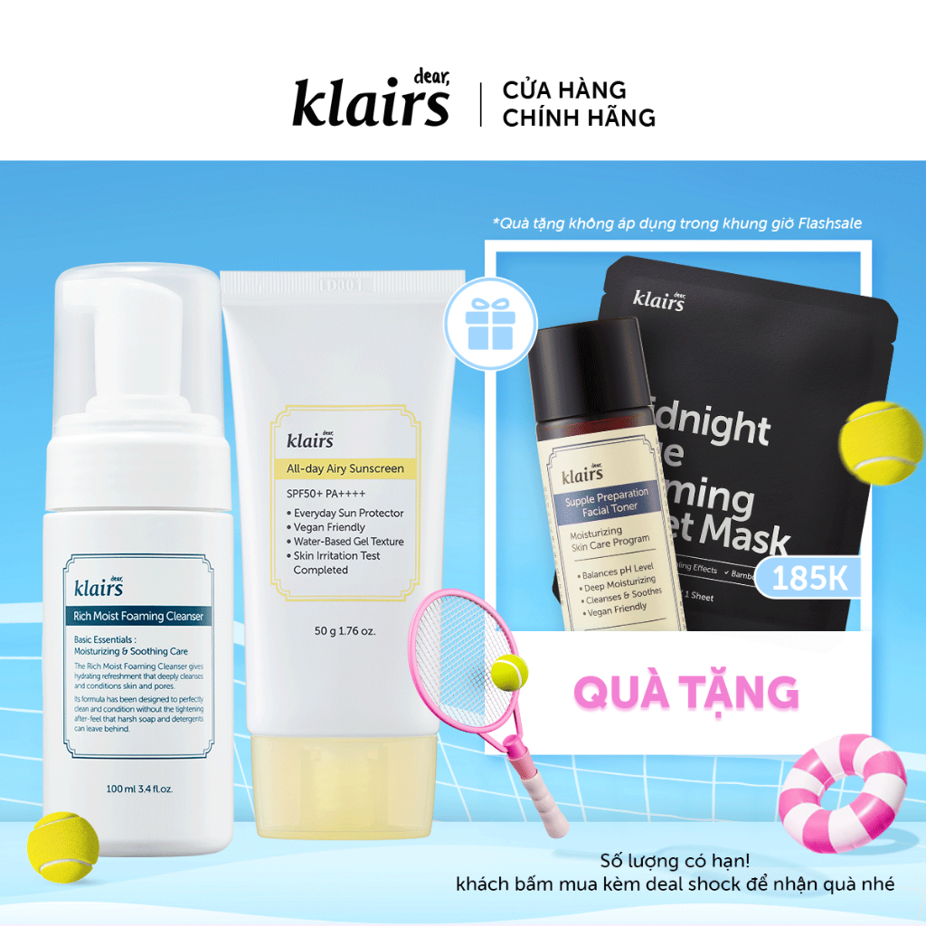Combo Sữa rửa mặt Dear Klairs Rich Moist Foaming Cleanser 100ml+Dear,Klairs Kem chống nắng All-day Airy Sunscreen SPF50+ PA++++ 50g