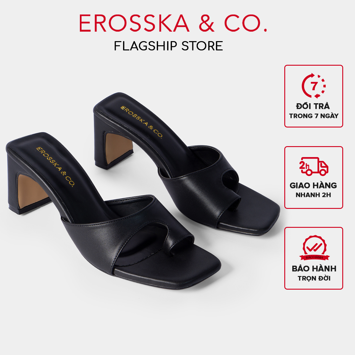 Dép cao gót Erosska thời trang mũi vuông kiểu dáng xỏ ngón đơn giản dễ phối đồ cao 7cm EB027
