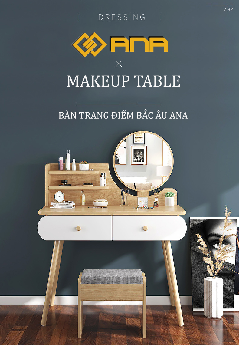 Ban trang điem đen led Ak02 dùng để trang điểm decor Phong Cách Bắc Âu mặt bàn phủ melamine chống xước Chân Gỗ Tự Nhiên Kiểu Dáng Hiện Đại ANA – Ak02-Vg-Co Ghe – LED