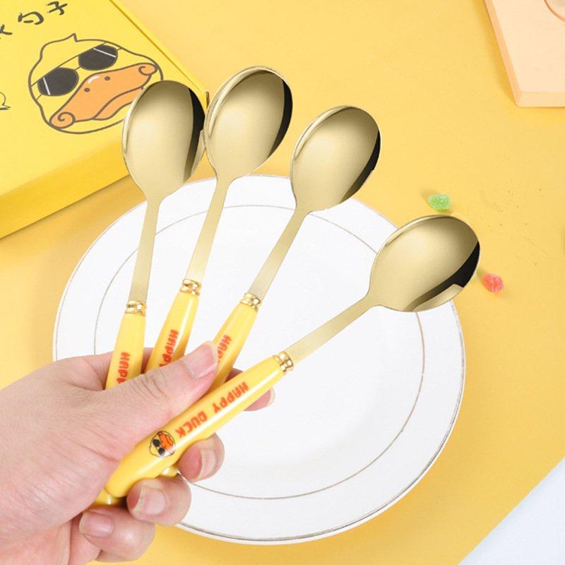 SET 6 MUỖNG THÌA INOX VỊT VÀNG DUCK CÁN DÀI DỄ THƯƠNG KÈM HỘP ĐỰNG XINH XẮN
