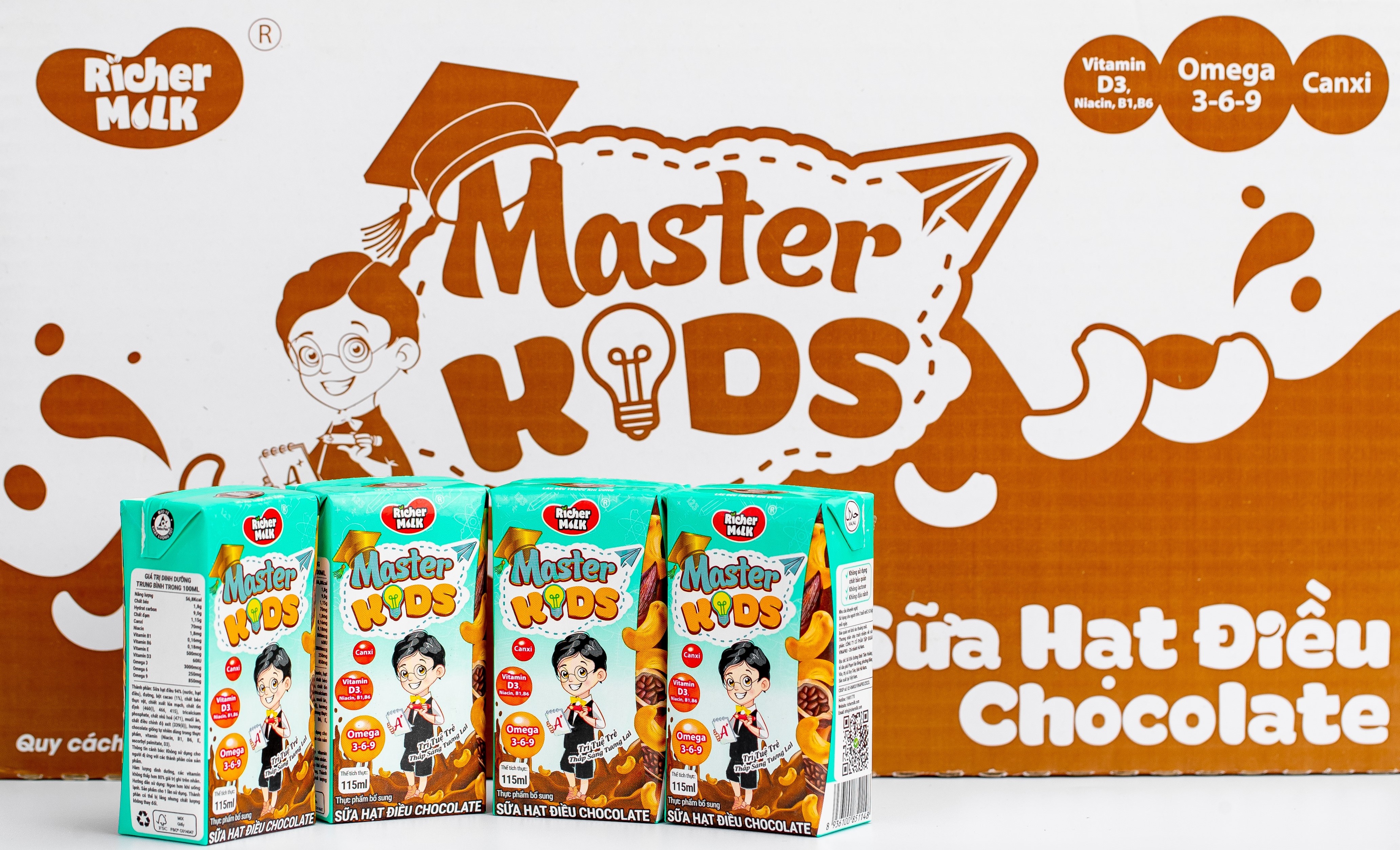 Lốc Sữa Hạt Điều Master Kids Chocolate 115ml Giàu Omega 3-6-9 Giúp Trẻ Thông Minh Hơn