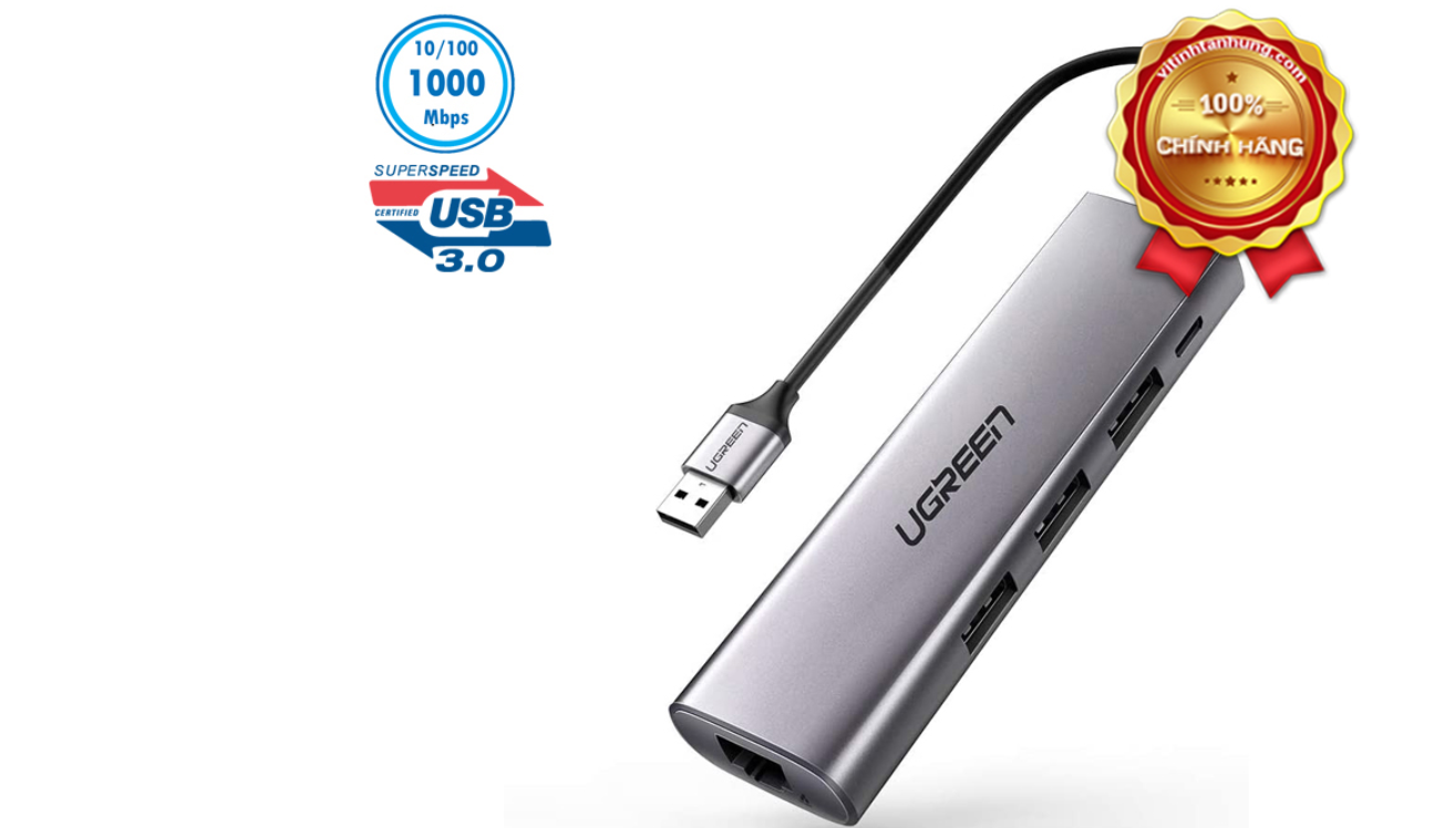 Hub usb 3.0 ra 3 cổng + RJ45 Gigabit Ethernet nguồn micro usb 20CM màu xám Ugreen 266HUB60812CM Hàng chính hãng