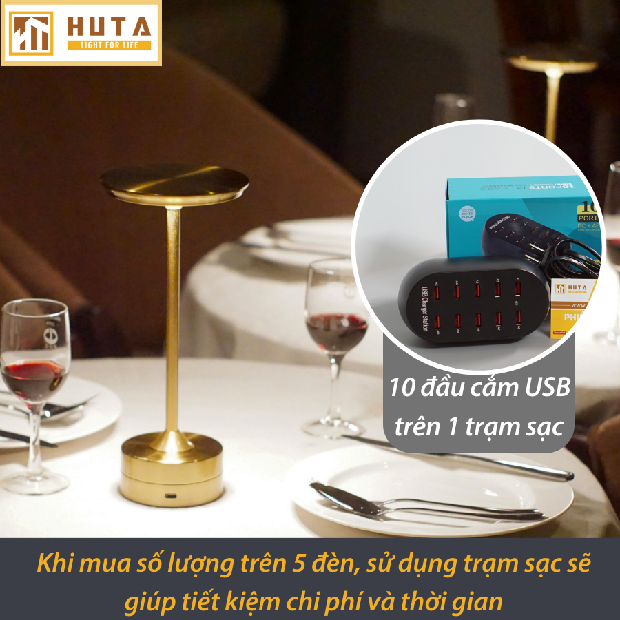 Đèn Bàn Led Quầy Bar Nhà Hàng HUTA AL3 Sang Trọng Cảm Ứng Pin Sạc Tích Điện USB Điều Chỉnh Ánh Sáng Vàng Trang Trí Quán Cà Phê Lounge Sự Kiện