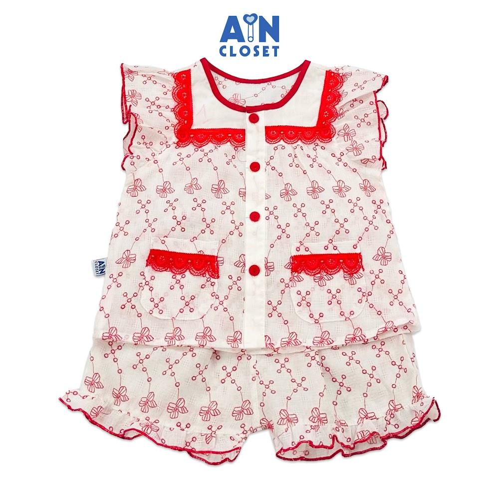 Bộ quần áo ngắn bé gái họa tiết Hoa Ren đỏ cotton - AICDBGXAUTJP - AIN Closet