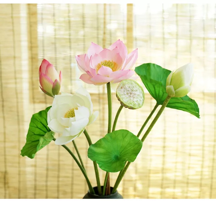 Hoa giả _ Cụm sen thái loại 1 - Cành bông sen Quan Âm – Hồng – Dài 75 cm