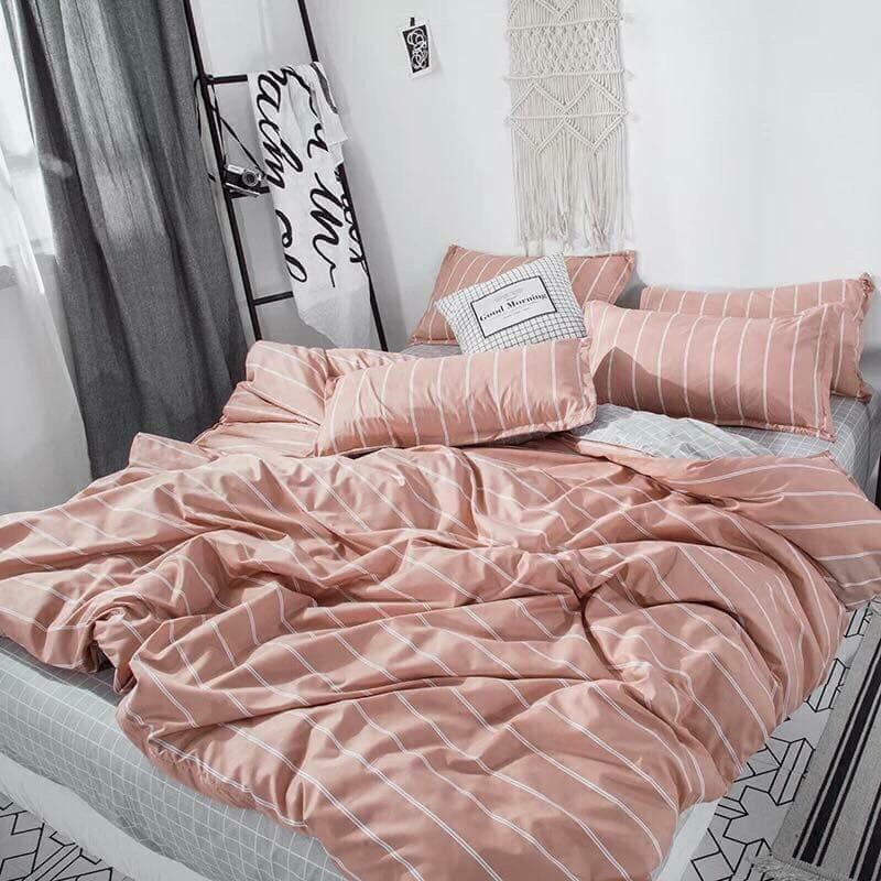 BỘ CHĂN GA GỐI POLY COTTON KẺ HỒNG