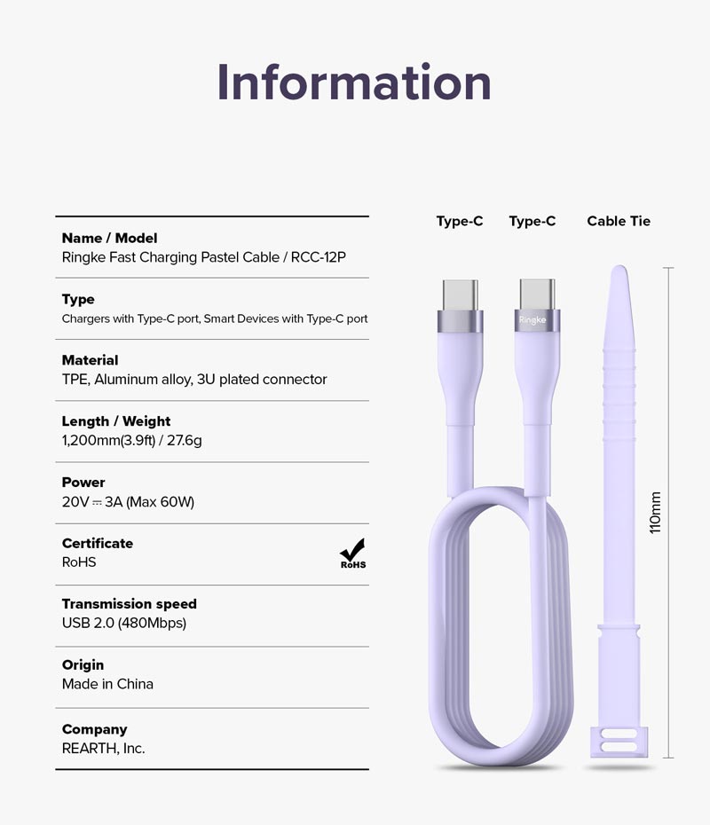 Cáp sạc nhanh cho điện thoại/laptop/tablet RINGKE Fast Charging Pastel Cable C-to-C nhiều màu - Hàng Chính Hãng