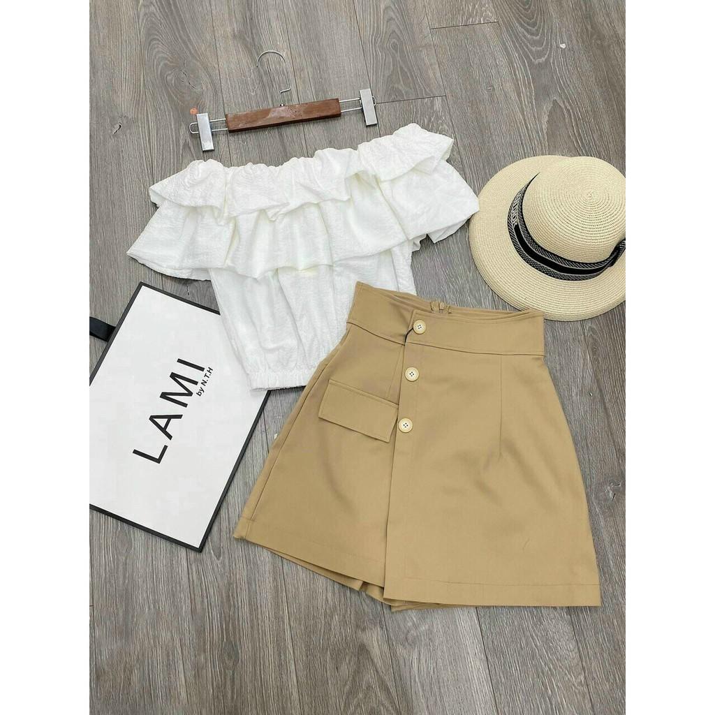 Set đùi giả váy và áo trễ vai hai bèo dễ thương