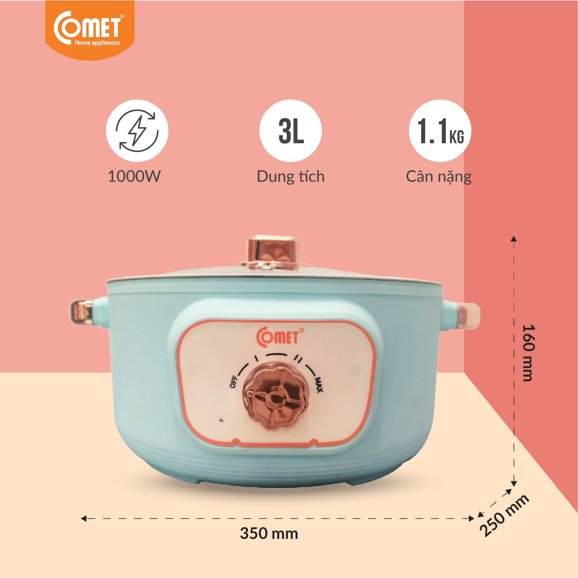 NỒI LẨU ĐIỆN ĐA NĂNG COMET CM7735 - Dung tích 3L - Công suất 1000W - HÀNG CHÍNH HÃNG