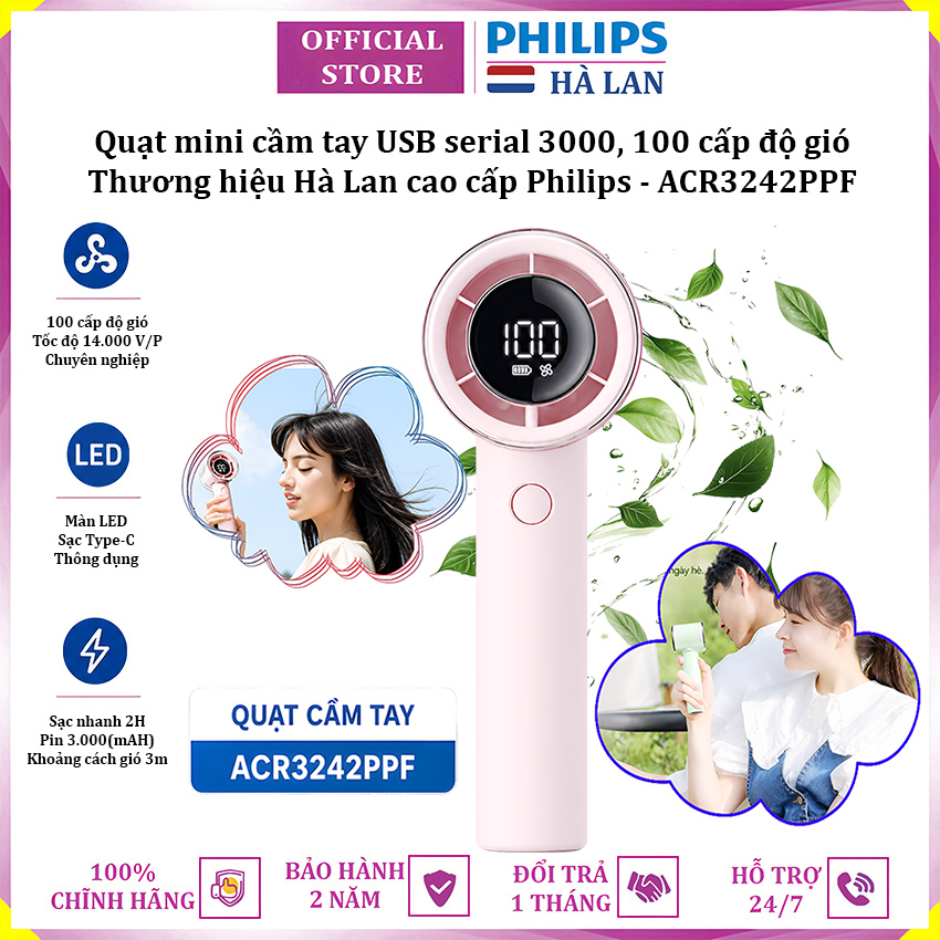 Quạt mini cầm tay USB thương hiệu Hà Lan cao cấp Philips ACR3242PPF serial 3000, 100 cấp độ gió, pin 3000mAH - Hàng chính hãng
