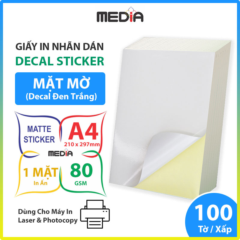 Giấy In Nhãn Dán (Decal) Media Mặt Mờ A4 100 Tờ - Hàng chính hãng