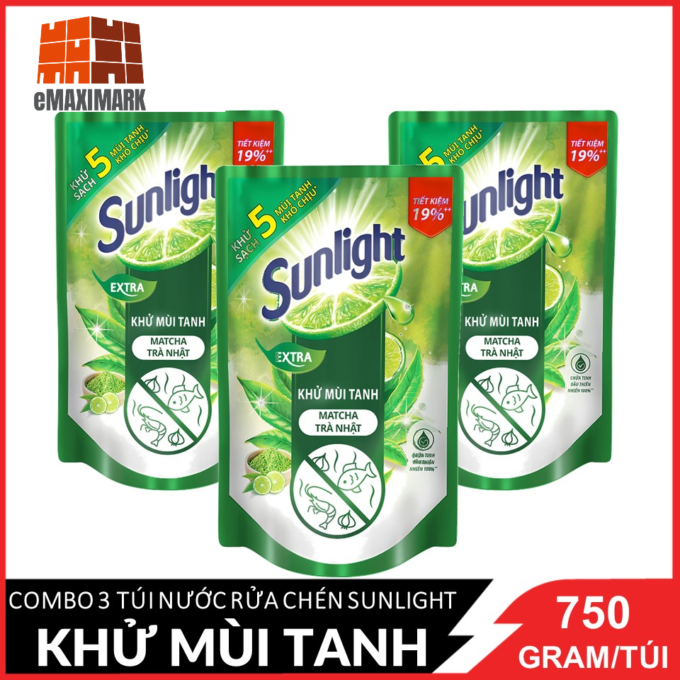 COMBO 3 Túi Nước rửa chén Sunlight Trà xanh Túi 750gx3