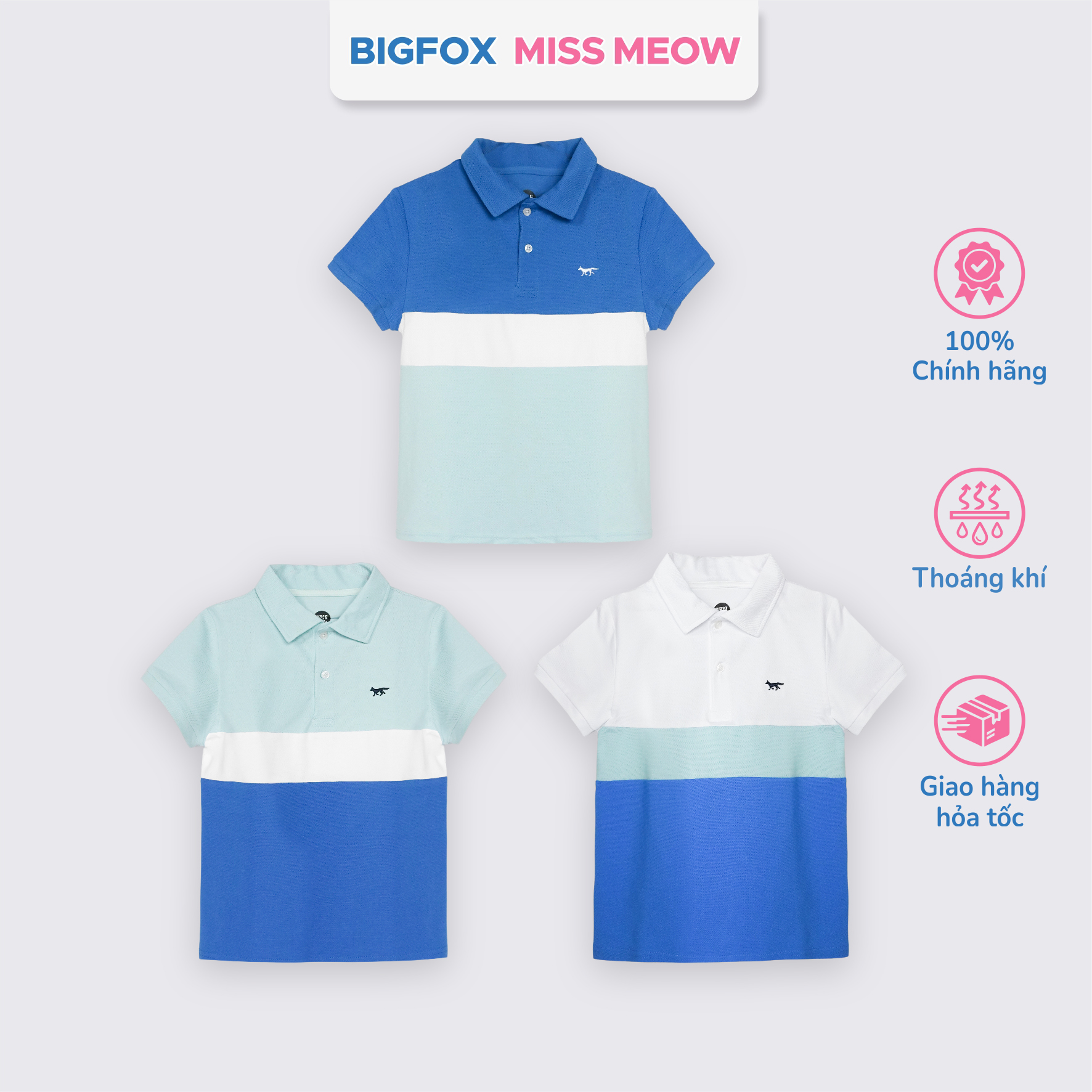 Áo polo bé trai Bigfox Miss Meow chất cá sấu, áo có cổ đồng phục đi học size đại 7-15 tuổi 50kg