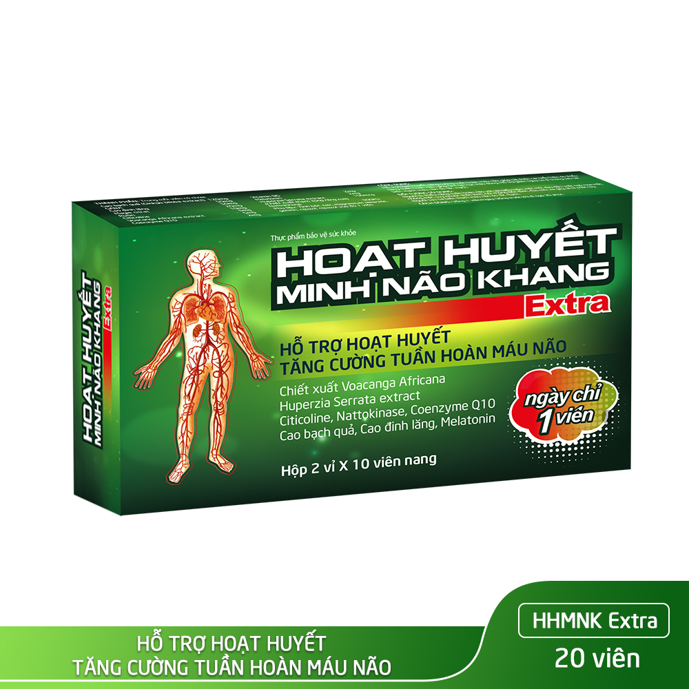 Hoạt Huyết Minh Não Khang Extra Hỗ Trợ Hoạt Huyết, tăng Cường Tuần Hoàn Máu Não Hộp 2 Vỉ x 10 Viên Nang