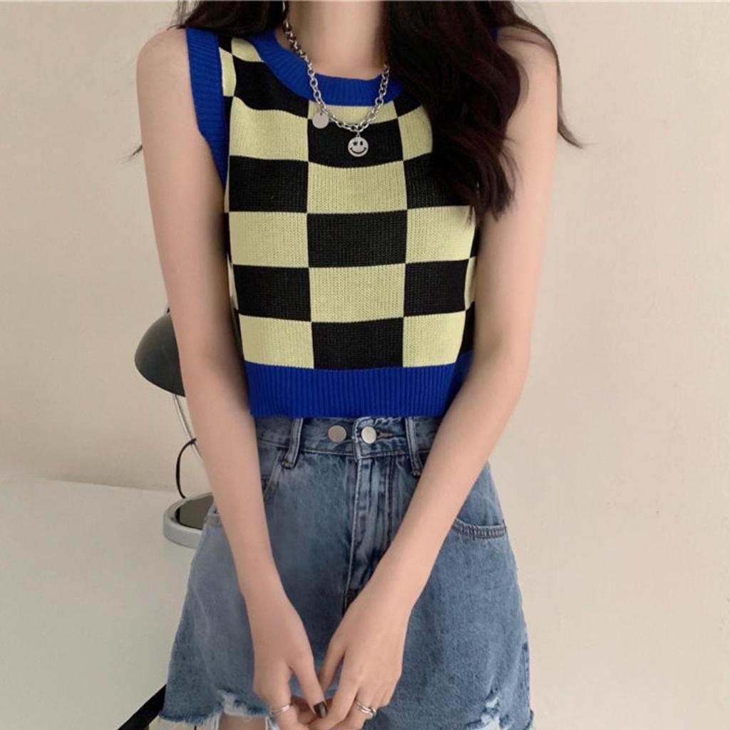 [L2M] Áo len Montoghi dệt kim 3 LỖ CARO viền màu xinh xắn