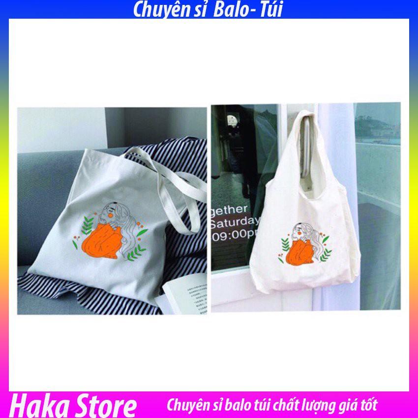 Túi tote vải canvas mềm in hình cô gái áo cam siêu hót