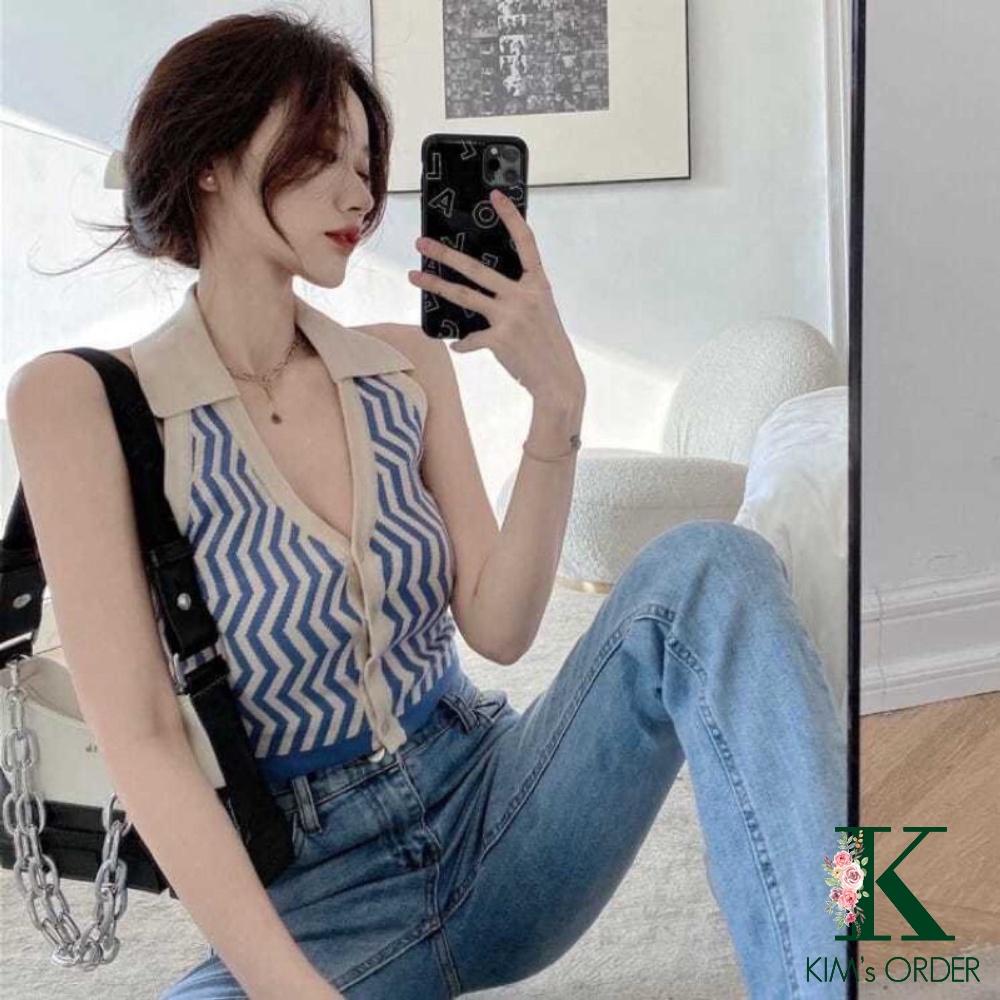 Áo sát nách nữ cổ chữ V hở lưng chất liệu len mongtoghi phong cách Hàn Quốc sang chảnh tiểu thư