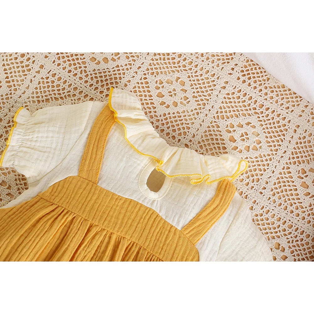 ĐẦM BODY TAY NGẮN CỔ TRÒN GIẢ YẾM THỎ 3D VÀNG CHO BÉ GÁI SƠ SINH 1 2 TUỔI TỪ 5-13KG DÀNH CHO BÉ GÁI