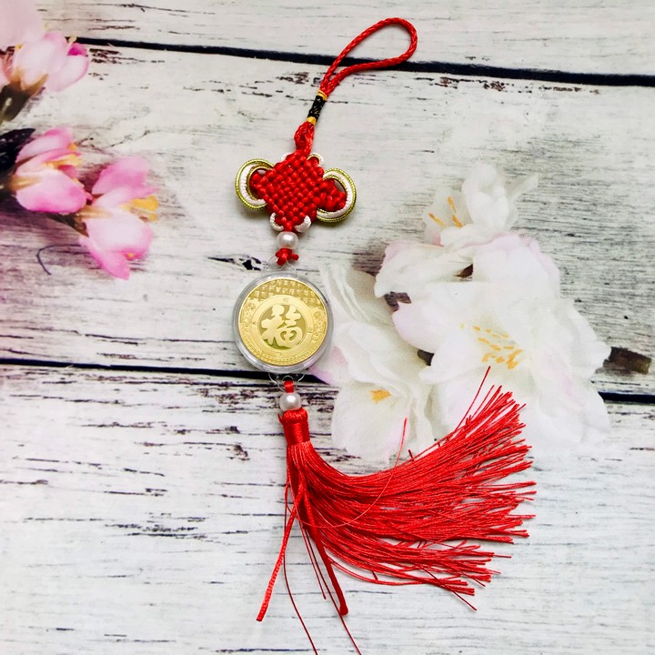 Dây Treo Xu Long Phụng In Màu Dùng treo trong nhà, nơi làm việc, trên xe Ôtô, mang theo bên người, kích thước 33 x 5cm, màu vàng - TMT Collection - SP005161