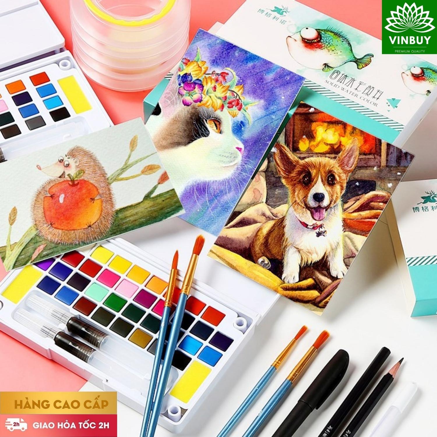 Bộ Màu Nước Solid Water Color Cao Cấp - Tặng Kèm 2 Bút Nước, 2 Mút, 1 Palette - Chuyên Dùng Cho Học Sinh, Sinh Viên, Vẽ Chuyên Nghiệp - Hàng Chính Hãng - VinBuy