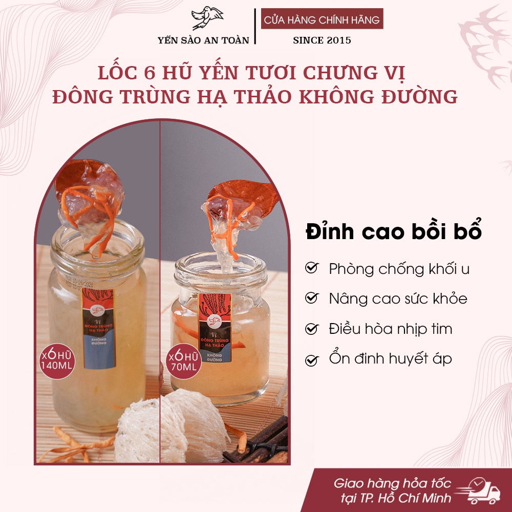 Hộp quà tặng sang trọng 6 hũ Yến chưng sẵn vị VIP Đông Trùng Hạ Thảo KHÔNG đường ĐẬM ĐẶC YẾN TƯƠI từ Yến Sào An Toàn