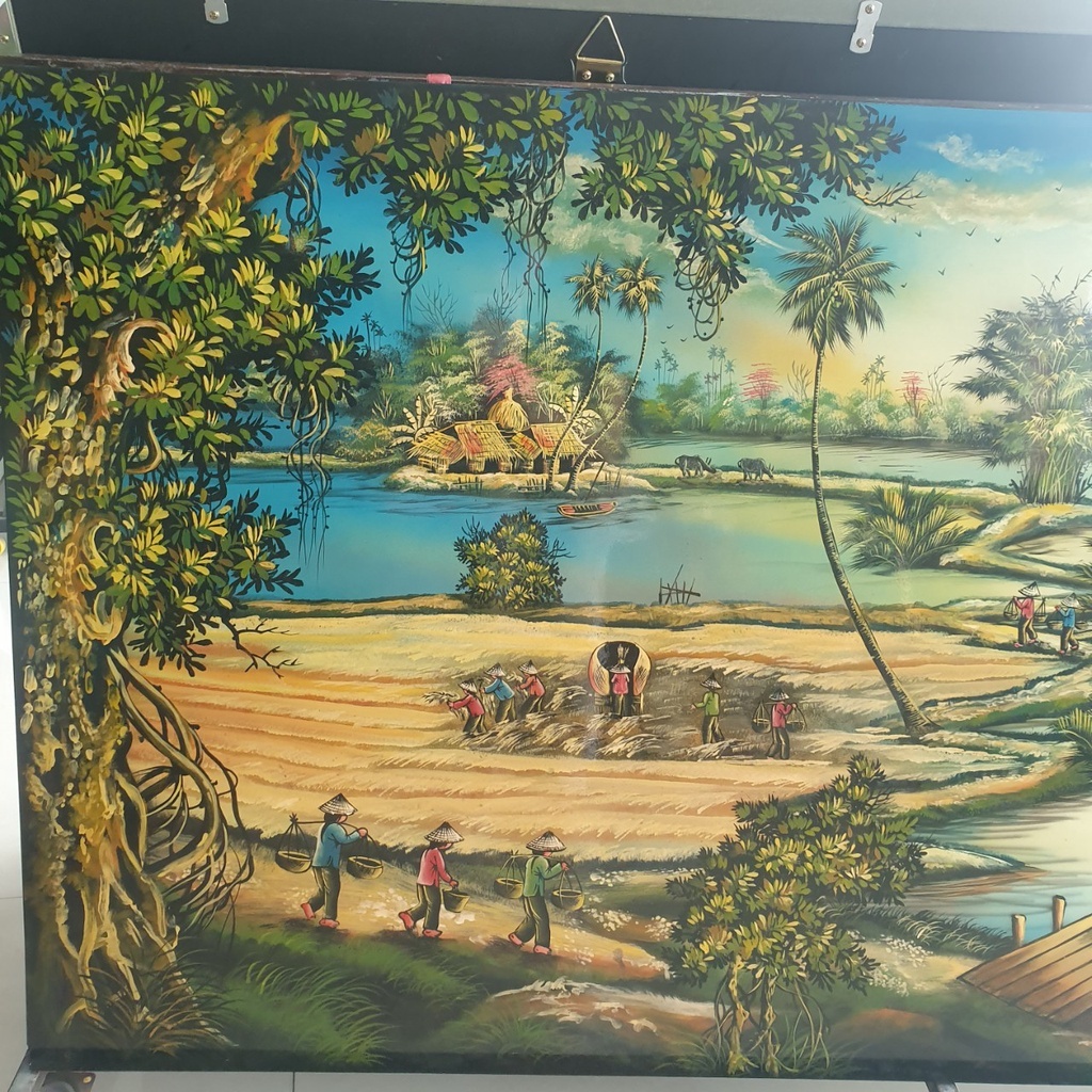 Tranh sơn mài cảnh làng quê Việt Nam, cảnh đồng quê 80x160 cm