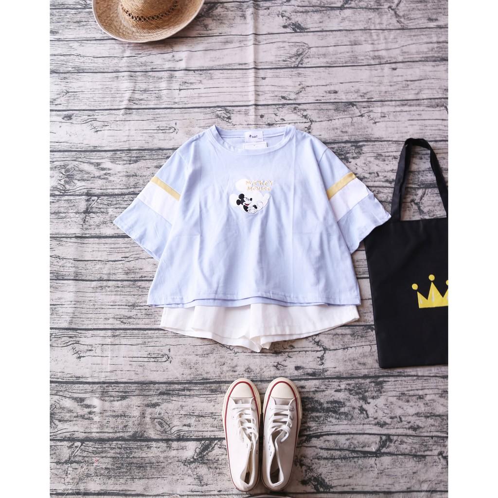 ÁO THUN THÊU HOẠT HÌNH PHỐI TAY MÀU