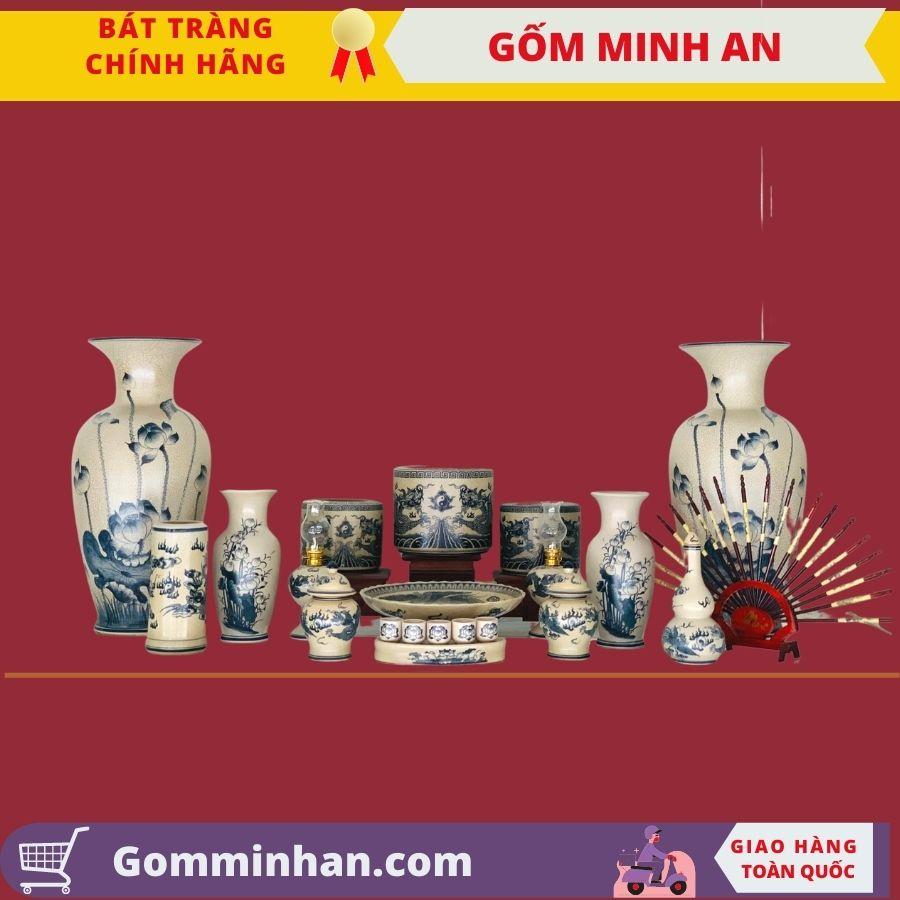 Chóe thờ, chóe cúng trên ban thờ men rạn vẽ hoa sen vẽ rồng gốm Minh An Bát Tràng