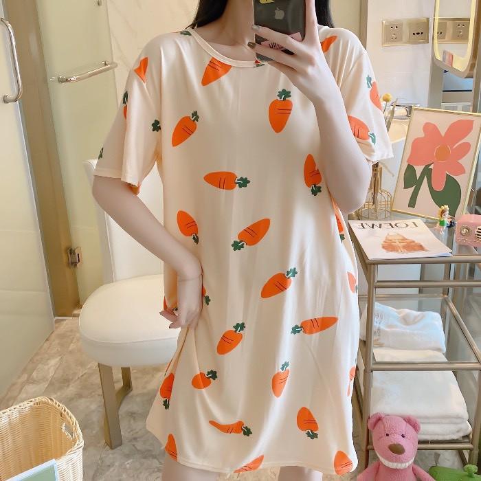 Váy ngủ cộc tay dáng suông đầm ngủ chất thun sữa mềm họa tiết dễ thương bầu bí bon chen V285
