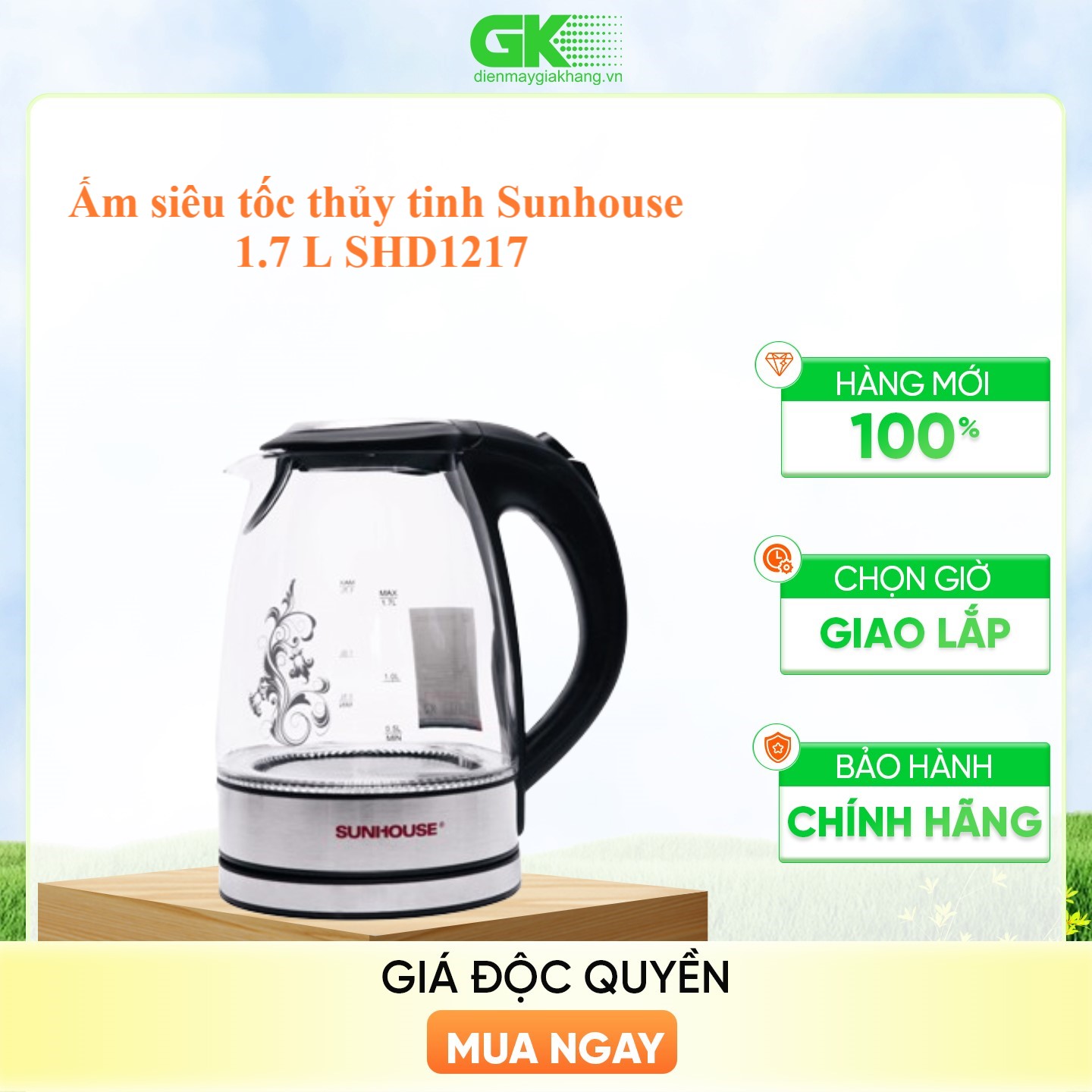 Ấm siêu tốc thủy tinh Sunhouse SHD1217 - Trắng - Hàng chính hãng