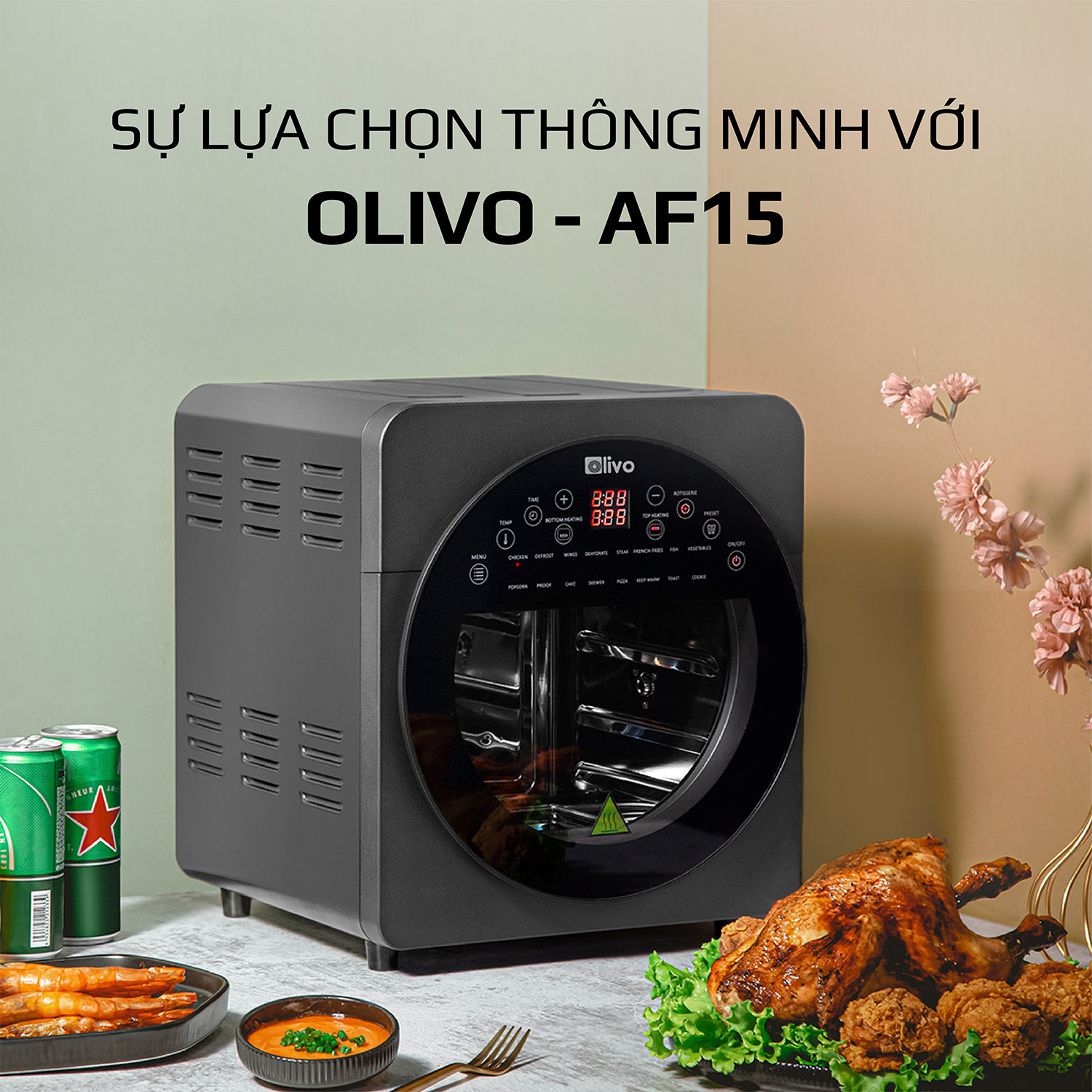 Nồi Chiên Không Dầu OLIVO AF15 16 Chức Năng - Dung Tích 15L - Công Suất 2000W - Thương Hiệu Mỹ