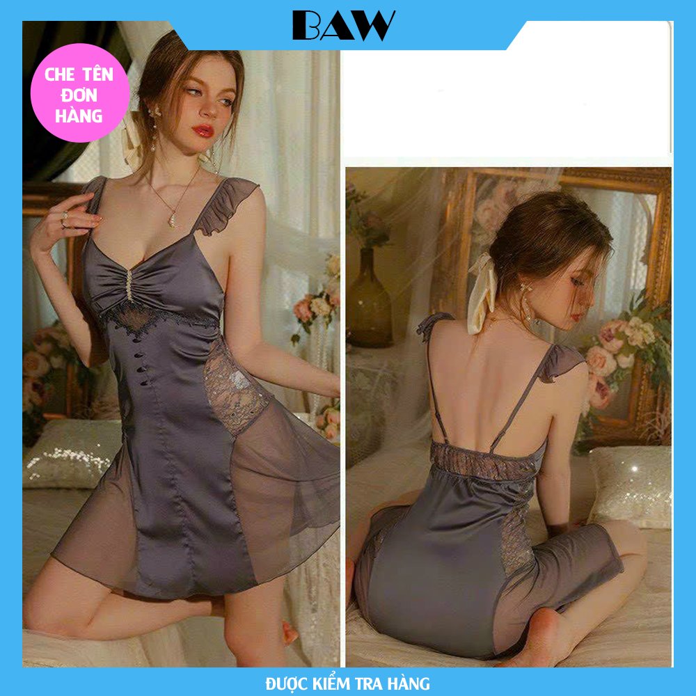 Váy Ngủ Nữ 2 dây, phối lưới cực sexy, gợi cảm chất lụa cao cấp thương hiệu Baw mã KQA9