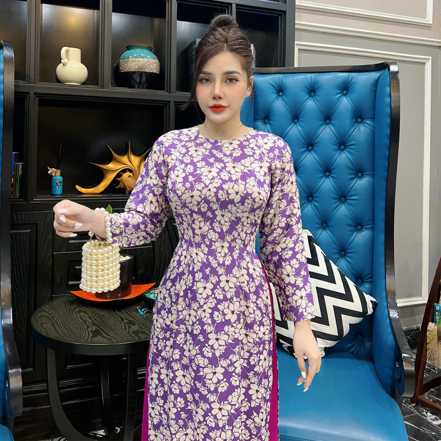 Áo dài lụa truyền thống may sẵn in họa tiết hoa 3D Lady Fashion dự tiệc lễ tết năm 2023 – AD01