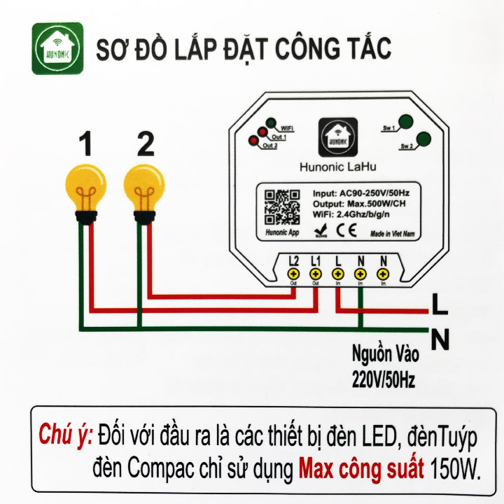 Công tắc ĐIỀU KHIỂN TỪ XA bằng điện thoại Hunonic Lahu 2 kênh 500W/kênh + Hẹn giờ thông minh | Công nghệ 4.0