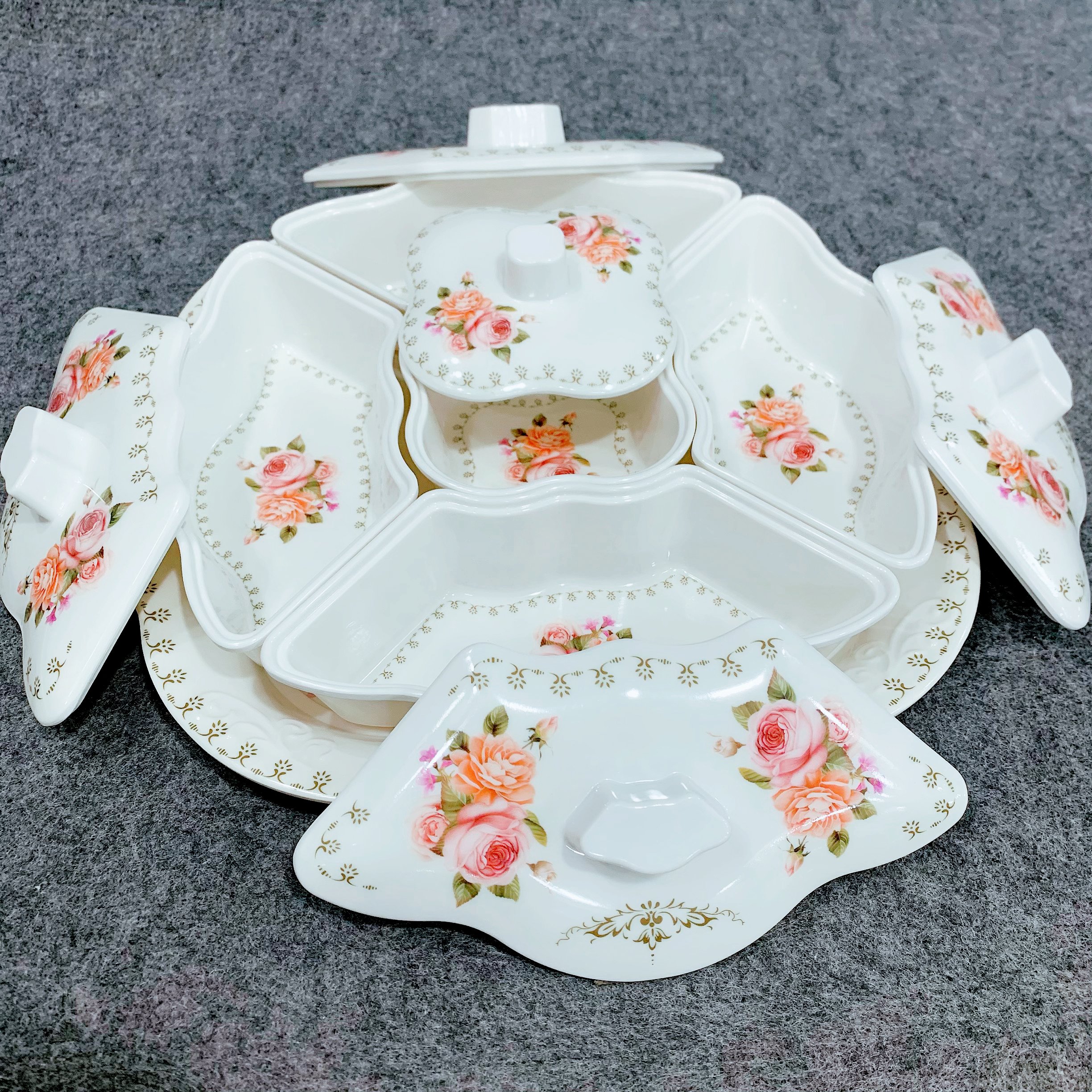 Khay đựng mứt bằng nhựa cao cấp giả sứ đa chức năng và nhiều ngăn 28*8 cm