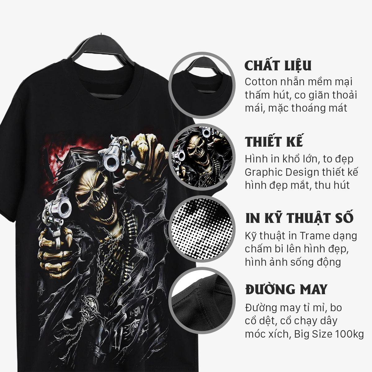 Áo thun nam cổ tròn TeeSett tay ngắn big size cotton màu đen in hình bộ xương graphic design