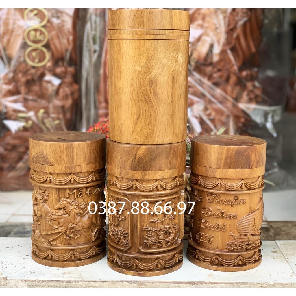 Hộp Đựng Chè Trạm Khắc Tứ Quý Gỗ Bách Xanh