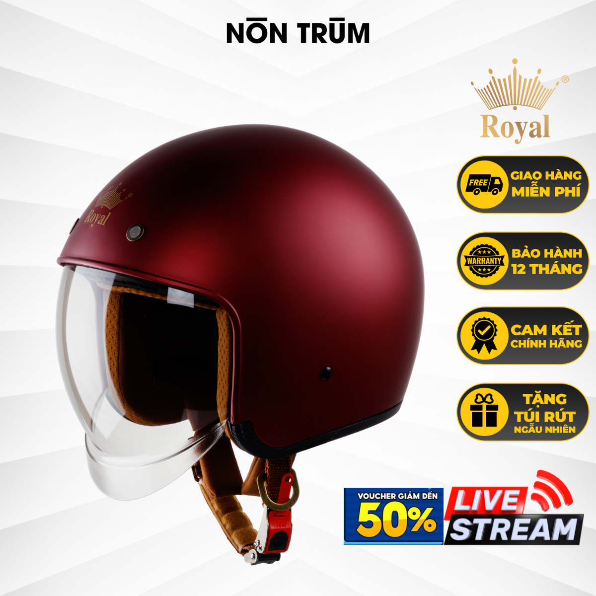 Mũ Bảo Hiểm Royal M139 Kính Âm - Đỏ Đô - M