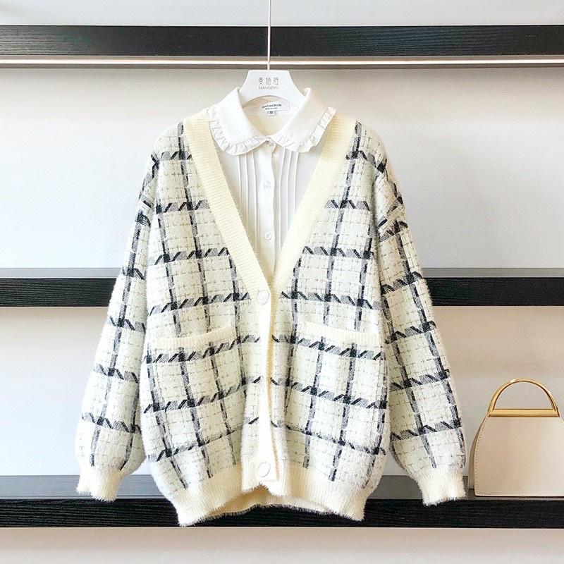 Áo khoác cardigan len dệt kim giả lông rộng rãi phong cách retro