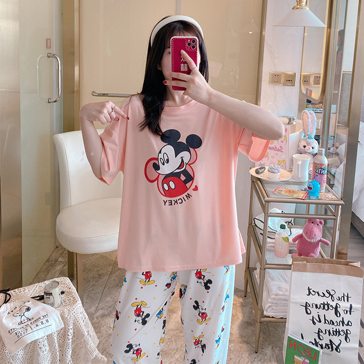 Bộ đồ thun mặc nhà Mickey, đồ bộ thun cotton mềm mại, thấm hút tốt, quần dài, áo tay ngắn