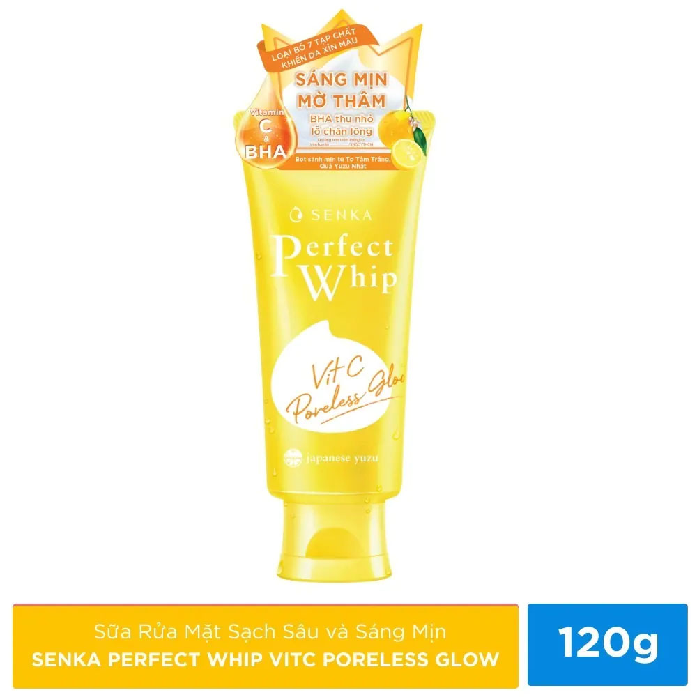 Sữa Rửa Mặt Senka Perfect Whip Vit C Poreless Glow Dưỡng Sáng Mờ Thâm 100g