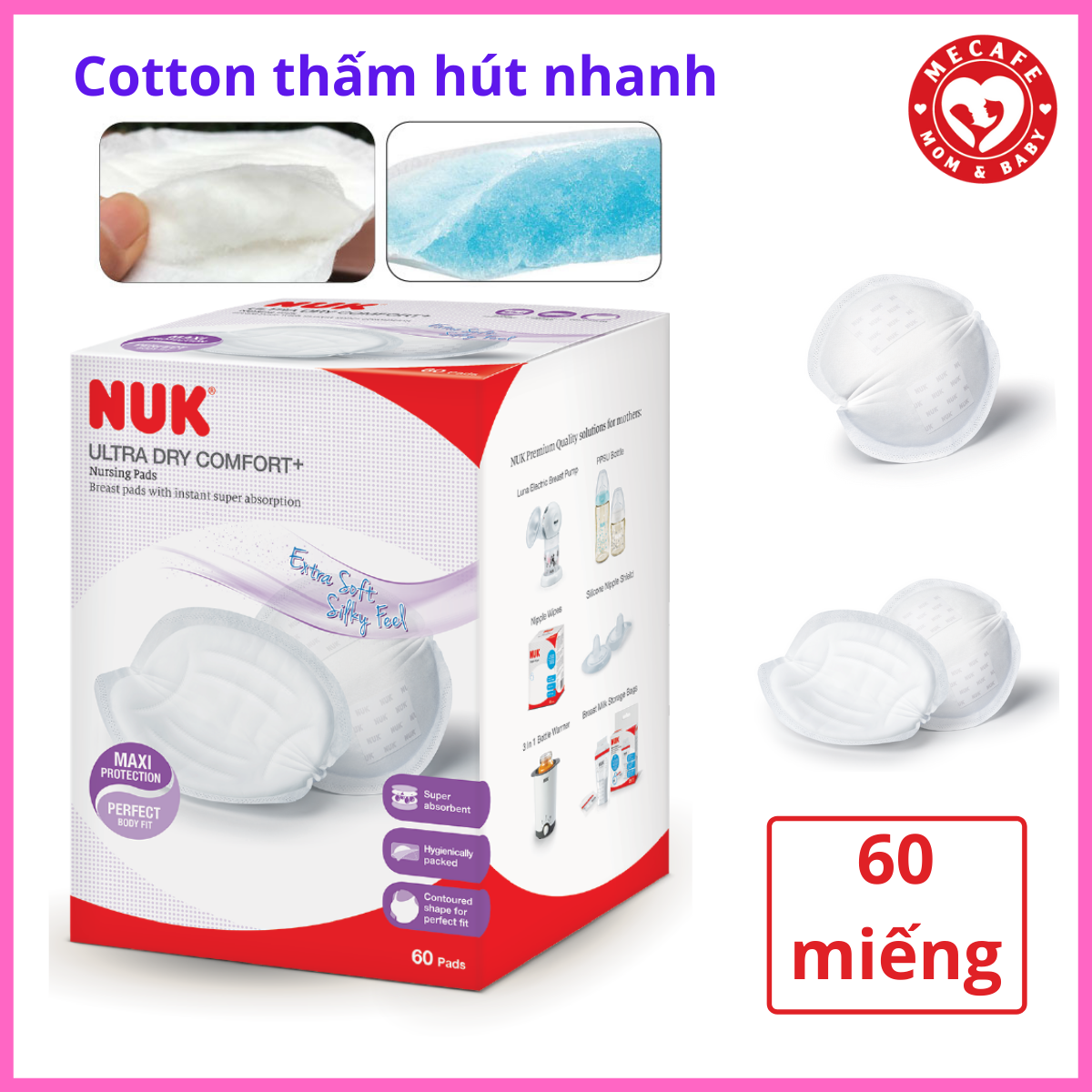 Hộp 60 lót thấm sữa cotton cao cấp NUK cho cảm giác khô thoáng thoải mái + tặng túi thun buộc tóc