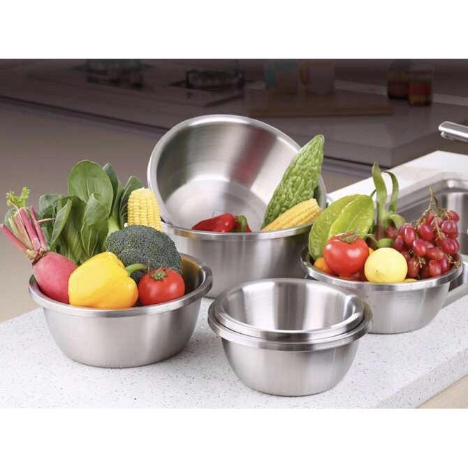 Combo 4 thau inox cao cấp size 24 cm - 26 cm - 28 cm - 30 cm rửa rau, thau trộn salad an toàn