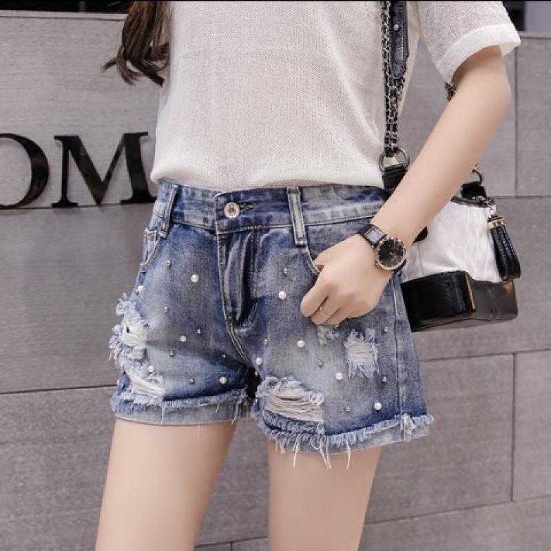 Quần Short Denim Siêu Mỏng Dáng Chữ a Ống Rộng Phối Rách Đính Hạt Cho Nữ