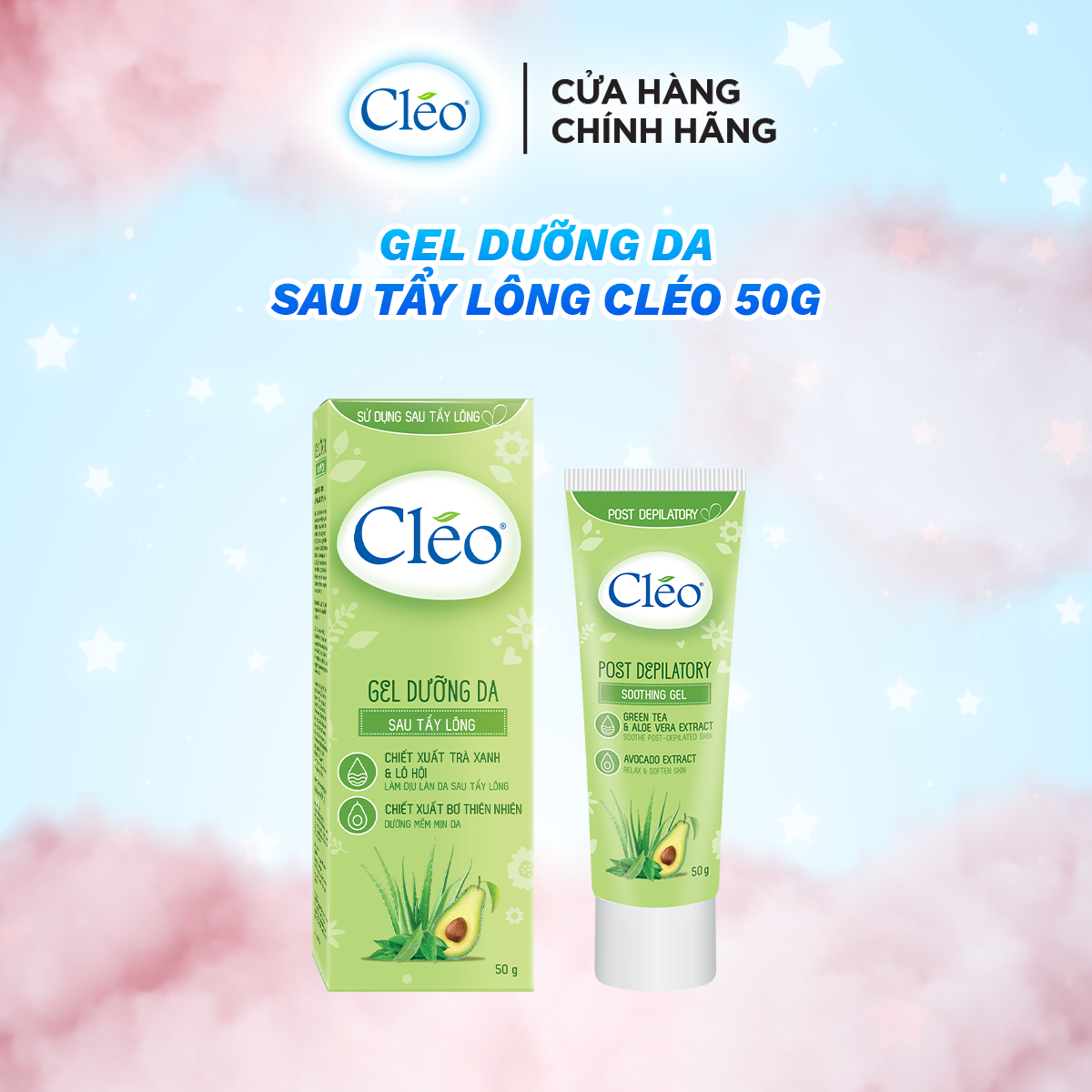 Gel làm dịu da sau tẩy lông Cléo giúp chậm mọc lông 50g - chiết xuất lá trà xanh thiên nhiên