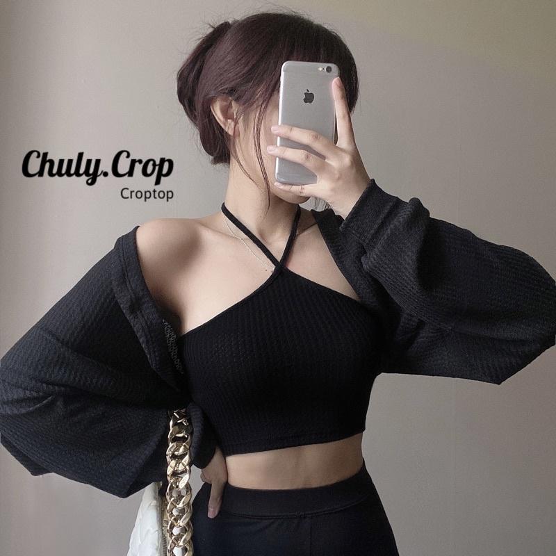 Set áo croptop cổ yếm kèm áo khoác cardigan tay bồng phong cách Hàn Quốc